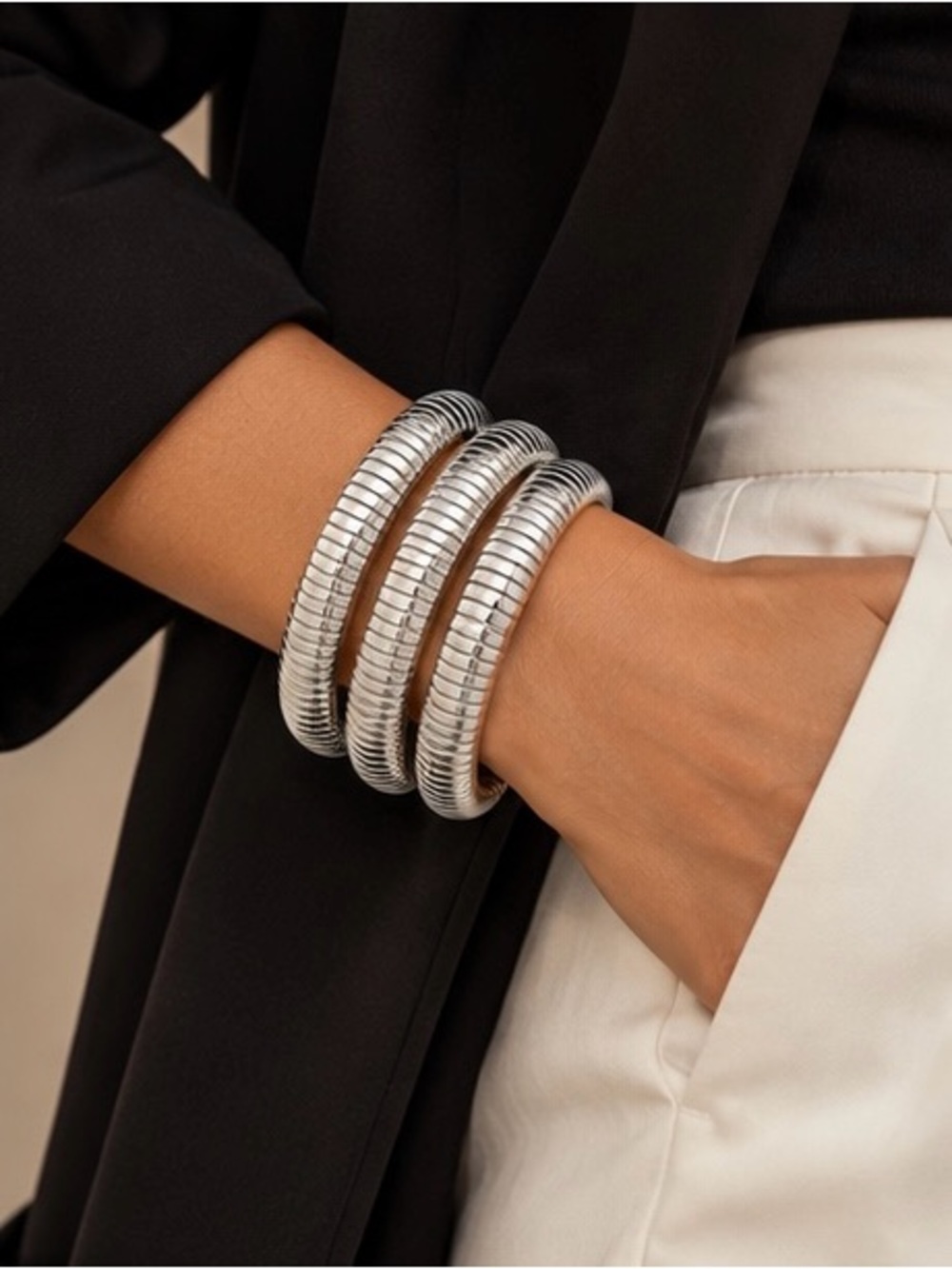 Sculptural Silver Ribbed Bangle Bracelet Set Minimalist Luxe Stack Jewelry